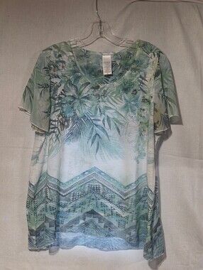 Time And Tru Aqua Green Tropical V-Neck Short Sleeve Top